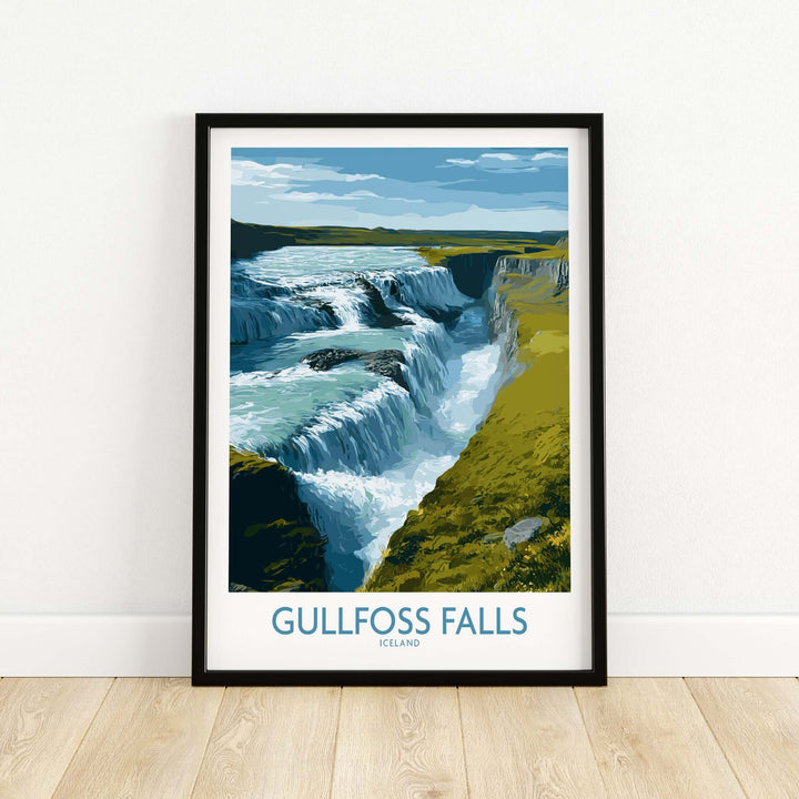 Gullfoss Falls Poster Iceland Print | Waterfall Poster showcasing a stunning landscape of Gullfoss Falls in Iceland.