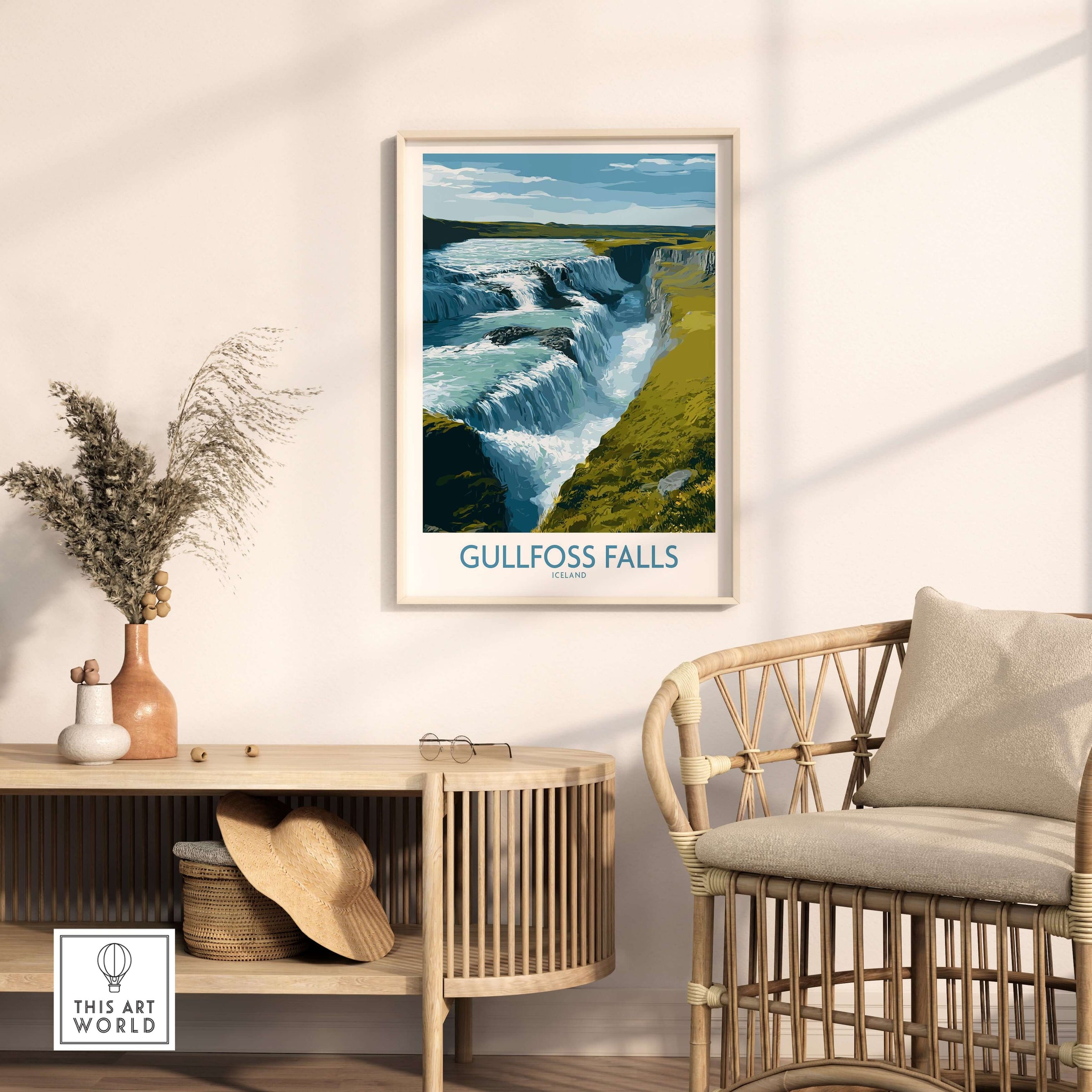 Gullfoss Falls Poster Iceland Print | Waterfall Poster displayed in a cozy interior with natural decor.