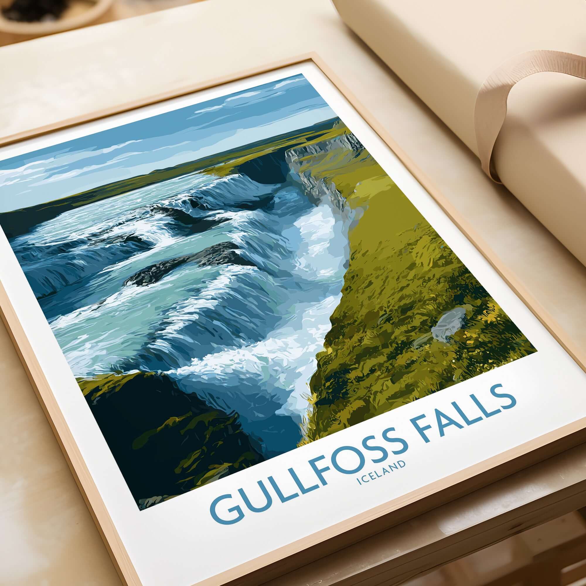 Gullfoss Falls Poster Iceland Print | Waterfall Poster featuring a vibrant illustration of Gullfoss Falls in Iceland.