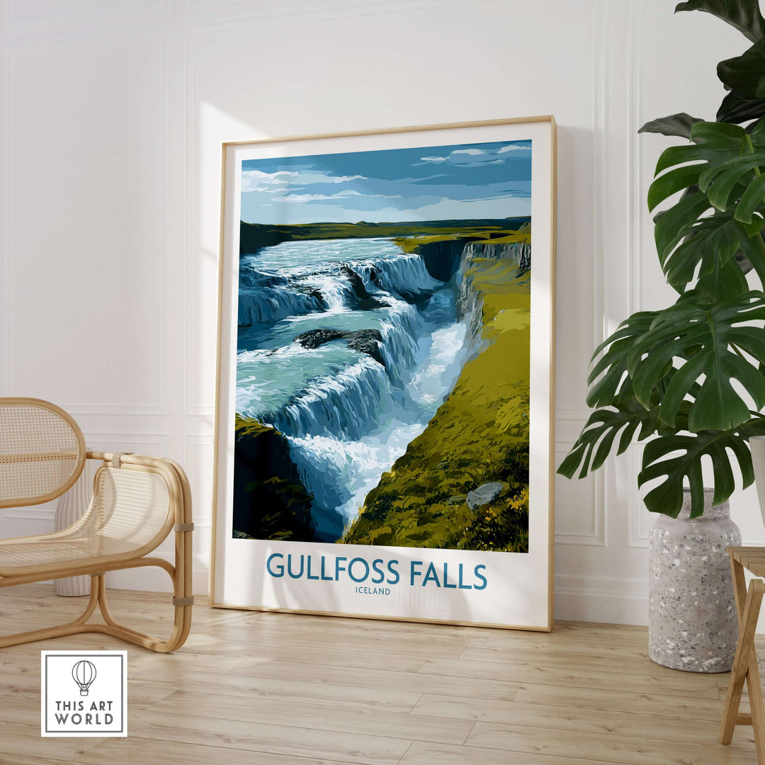 Gullfoss Falls Poster Iceland Print | Waterfall Poster featuring stunning scenery in a modern interior.