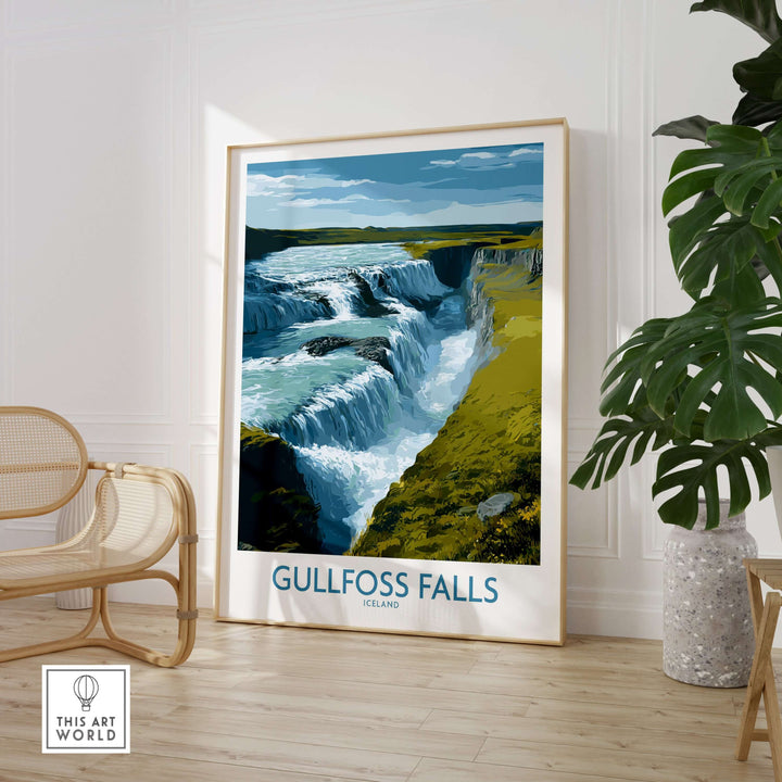 Gullfoss Falls Poster Iceland Print | Waterfall Poster featuring stunning scenery in a modern interior.