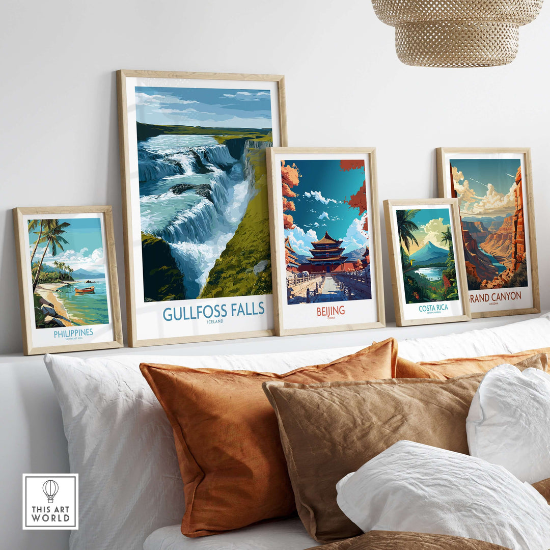 Gullfoss Falls Poster Iceland Print | Waterfall Poster displayed among other travel posters on a stylish wall.