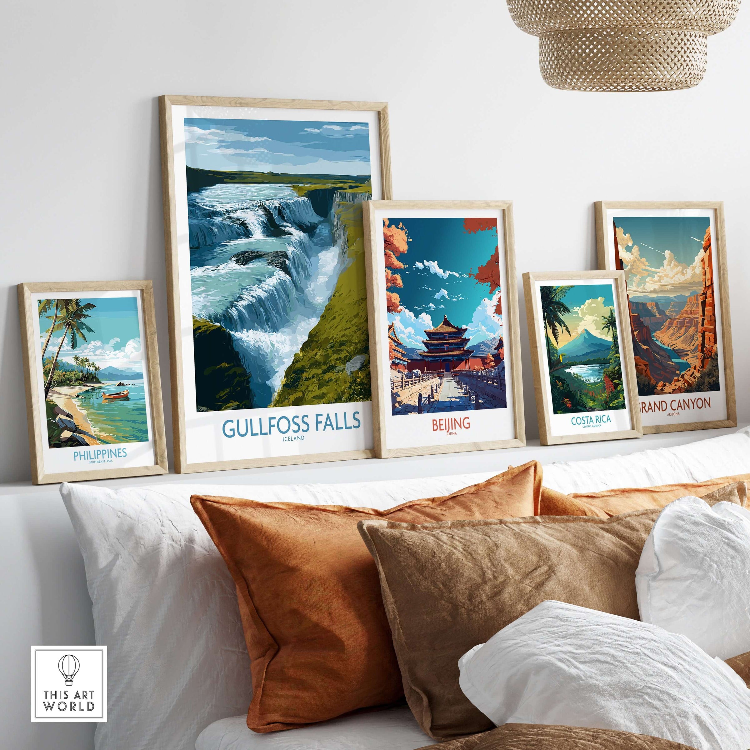 Gullfoss Falls Poster Iceland Print | Waterfall Poster displayed among travel-themed artwork on a cozy wall.