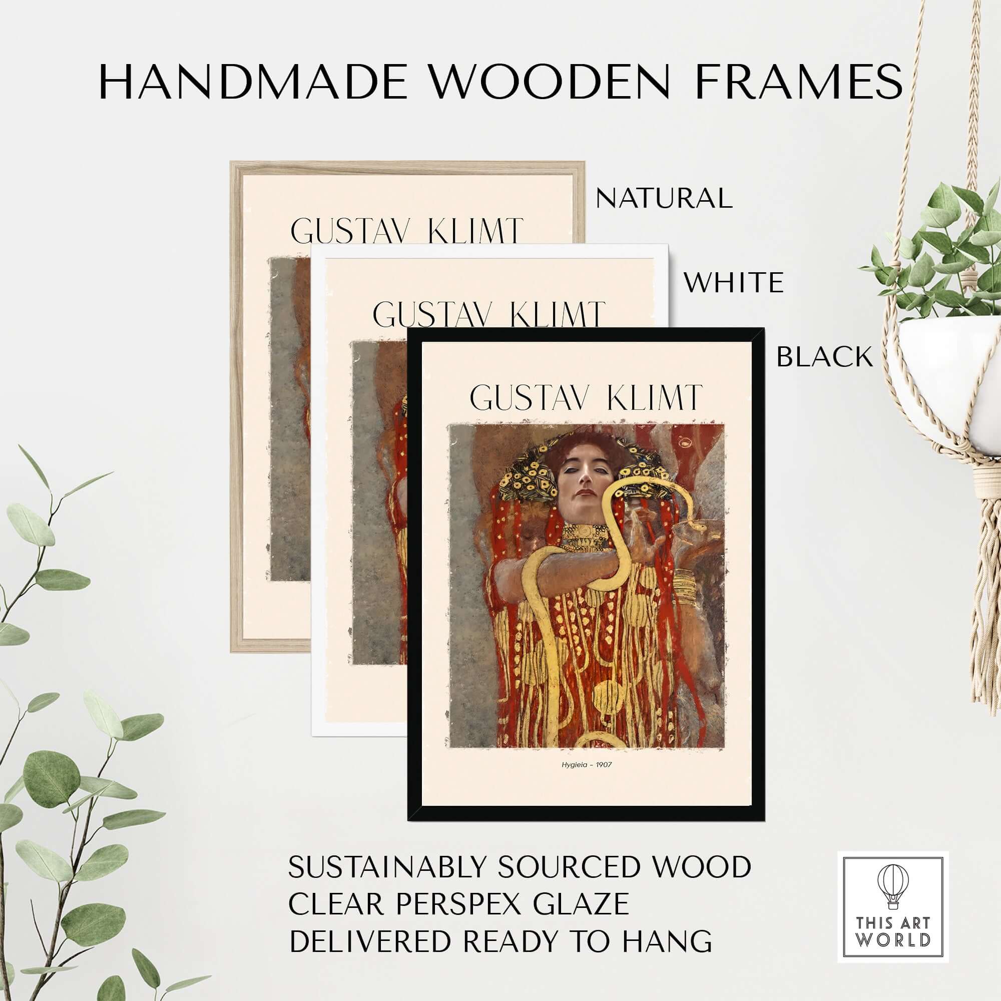 Gustav Klimt Art Print - Hygieia 1907 - Golden Phase Wall Art displayed in handmade wooden frames.