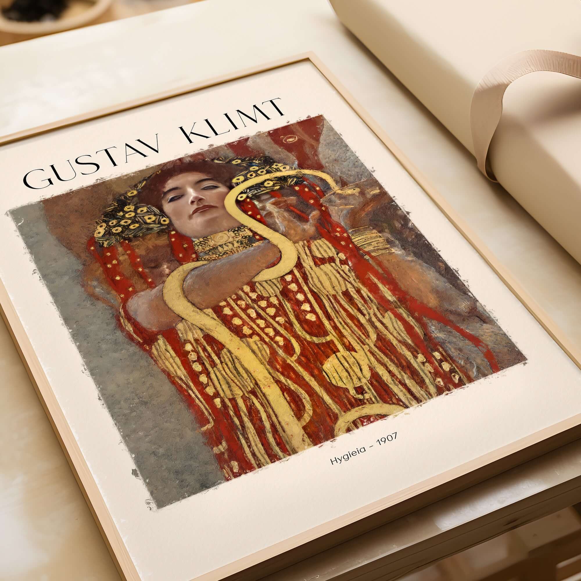 Gustav Klimt Art Print - Hygieia 1907 - Golden Phase Wall Art displayed in a frame on a table.