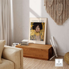 Gustav Klimt Art Print - Judith and Holofernes Art Print 1901 - Golden Phase Wall Decor Poster displayed in a living room setting.