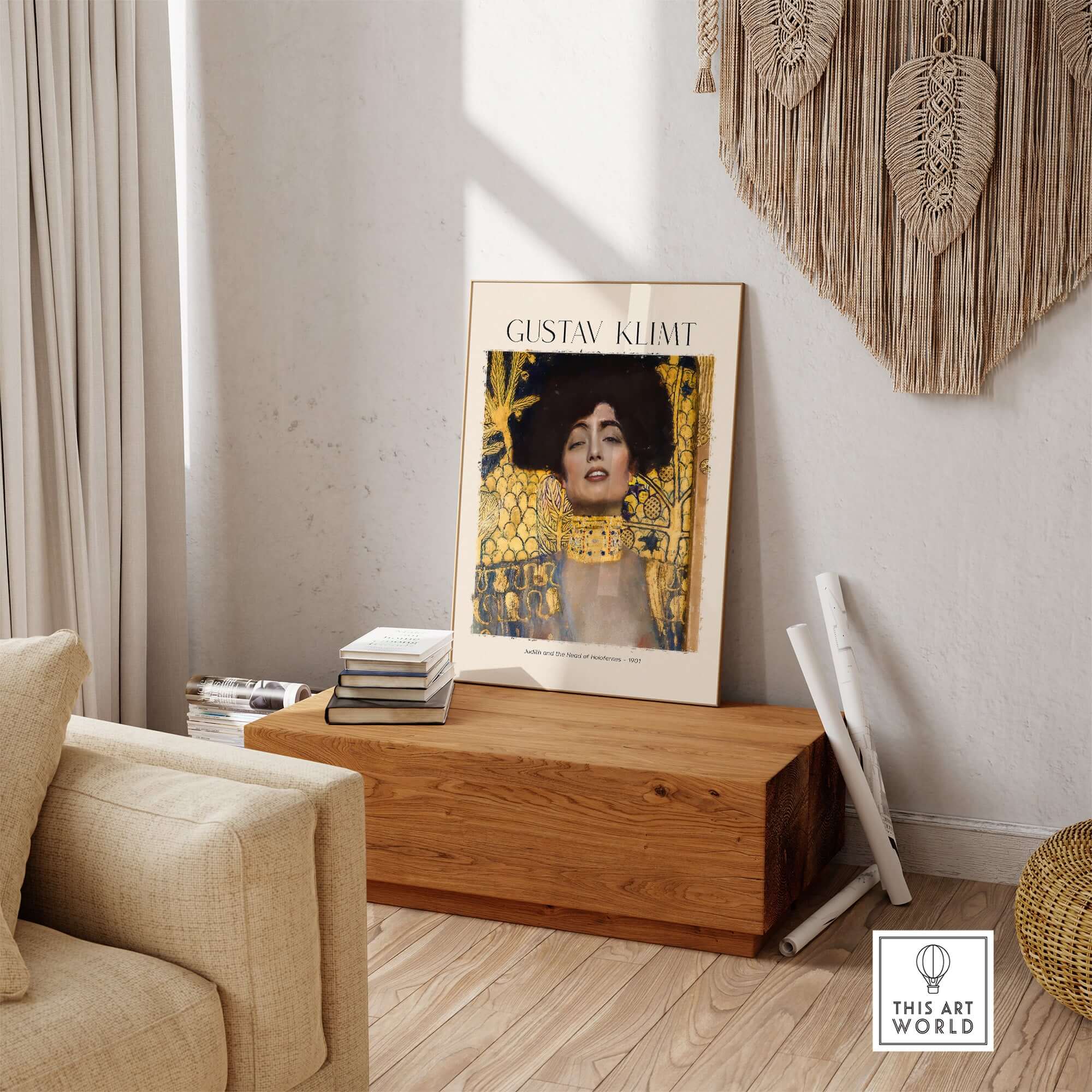 Gustav Klimt Art Print - Judith and Holofernes Art Print 1901 - Golden Phase Wall Decor Poster displayed in a living room setting.