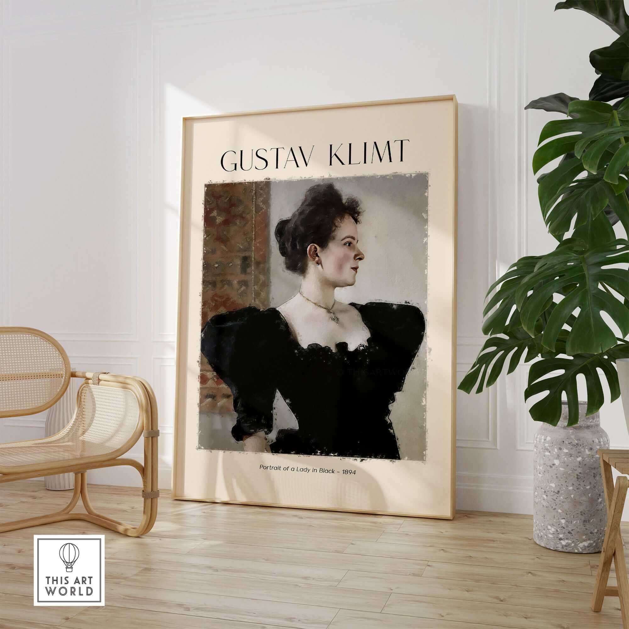 Gustav Klimt Art Print -  Portrait of a Lady in Black 1894 displayed in an elegant room.