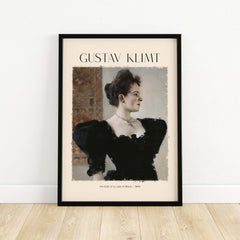 Gustav Klimt Art Print - Portrait of a Lady in Black 1894 framed poster showcasing elegant woman in profile.