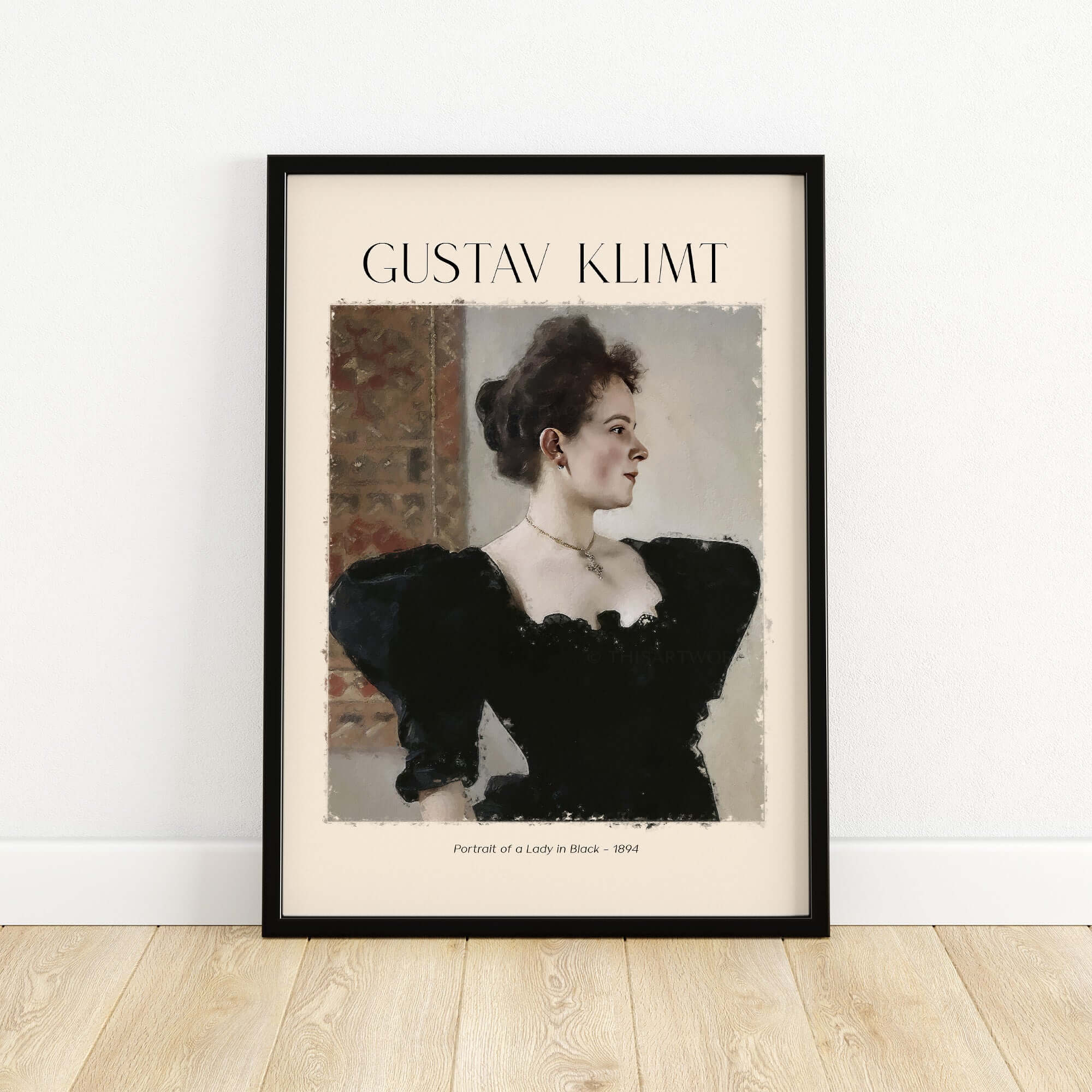Gustav Klimt Art Print - Portrait of a Lady in Black 1894 framed poster showcasing elegant woman in profile.