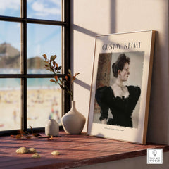 Gustav Klimt Art Print - Portrait of a Lady in Black 1894 displayed in a bright room by the window.