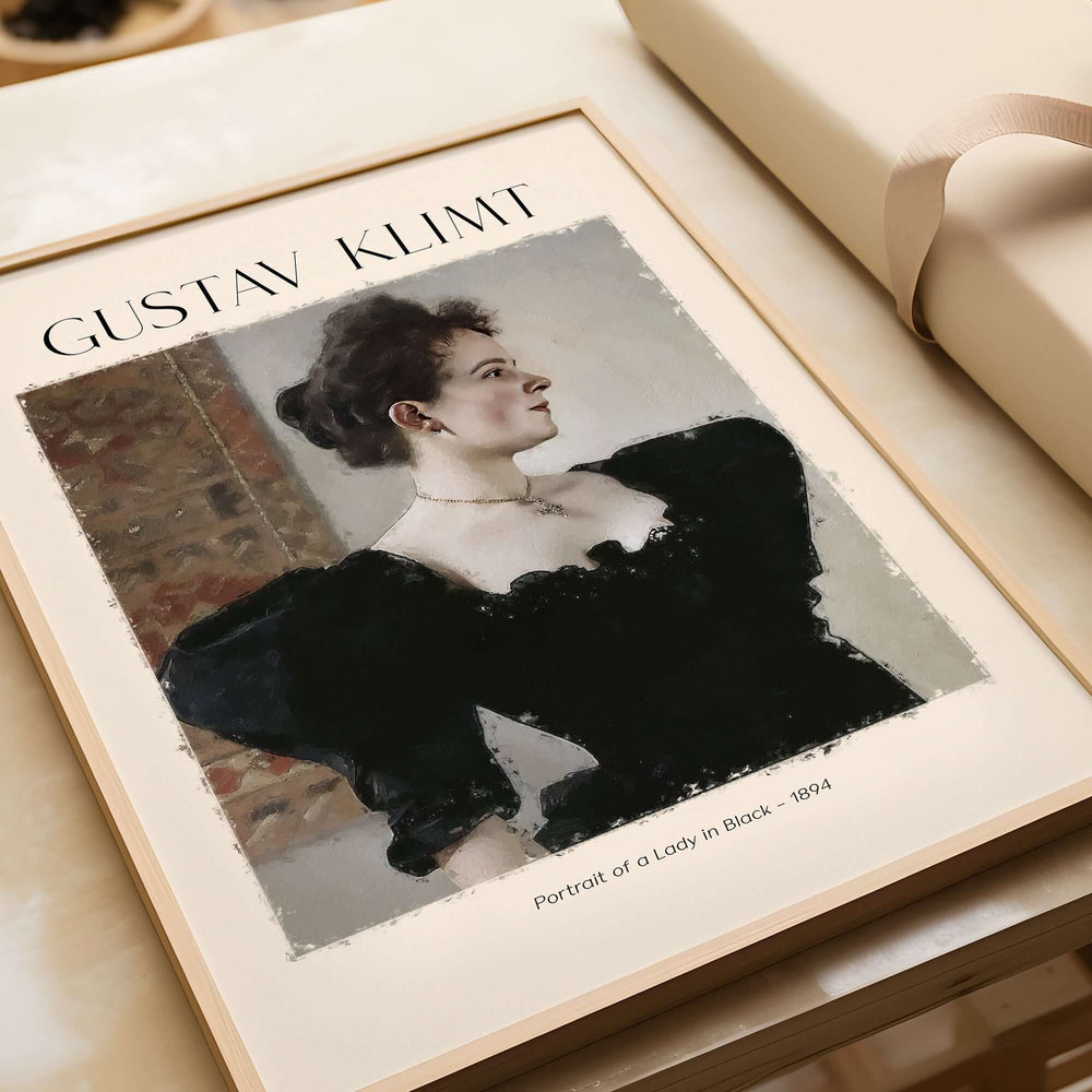 Gustav Klimt Art Print -  Portrait of a Lady in Black 1894 displayed in a stylish frame, showcasing elegant design.