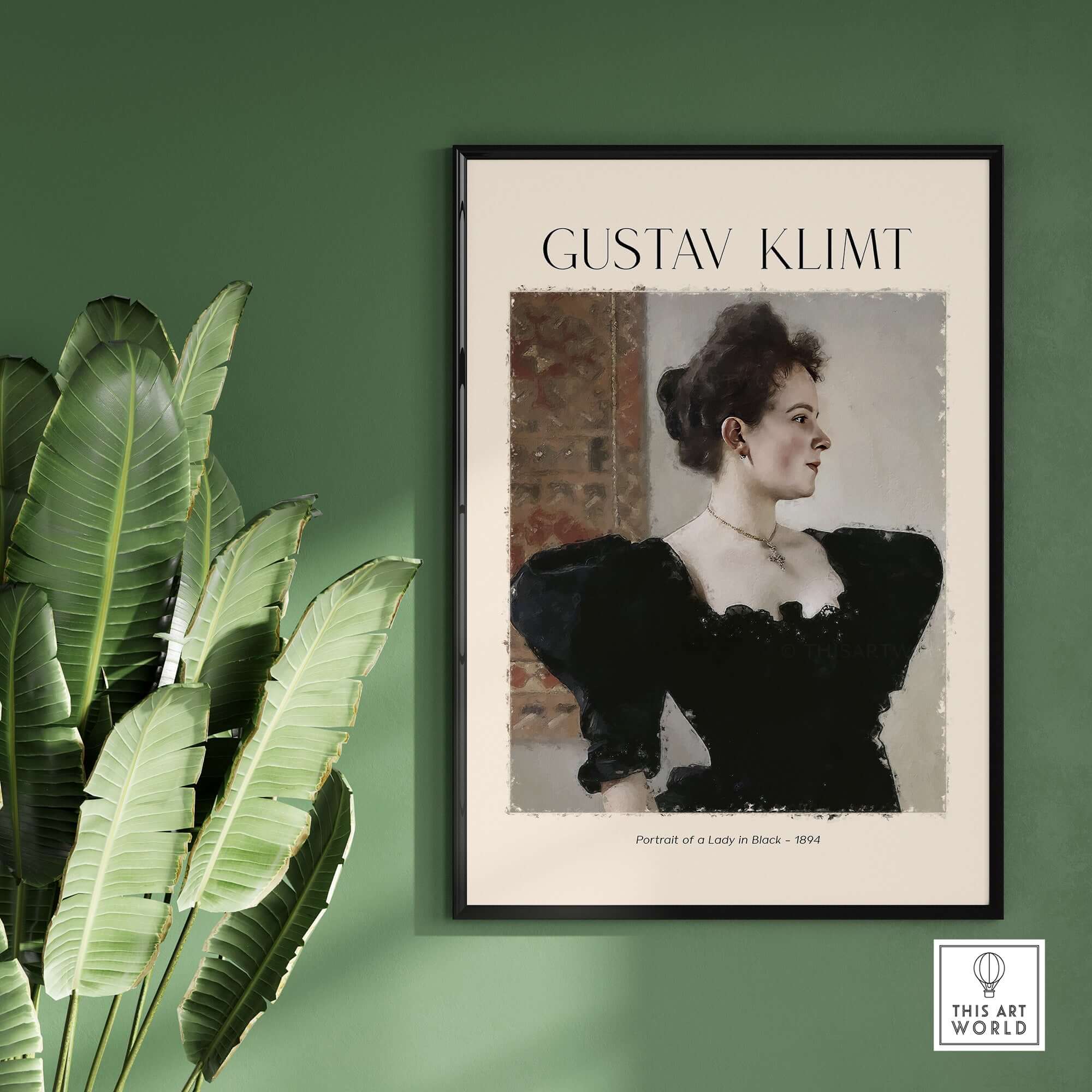 Gustav Klimt Art Print -  Portrait of a Lady in Black 1894 displayed in a modern setting with greenery.