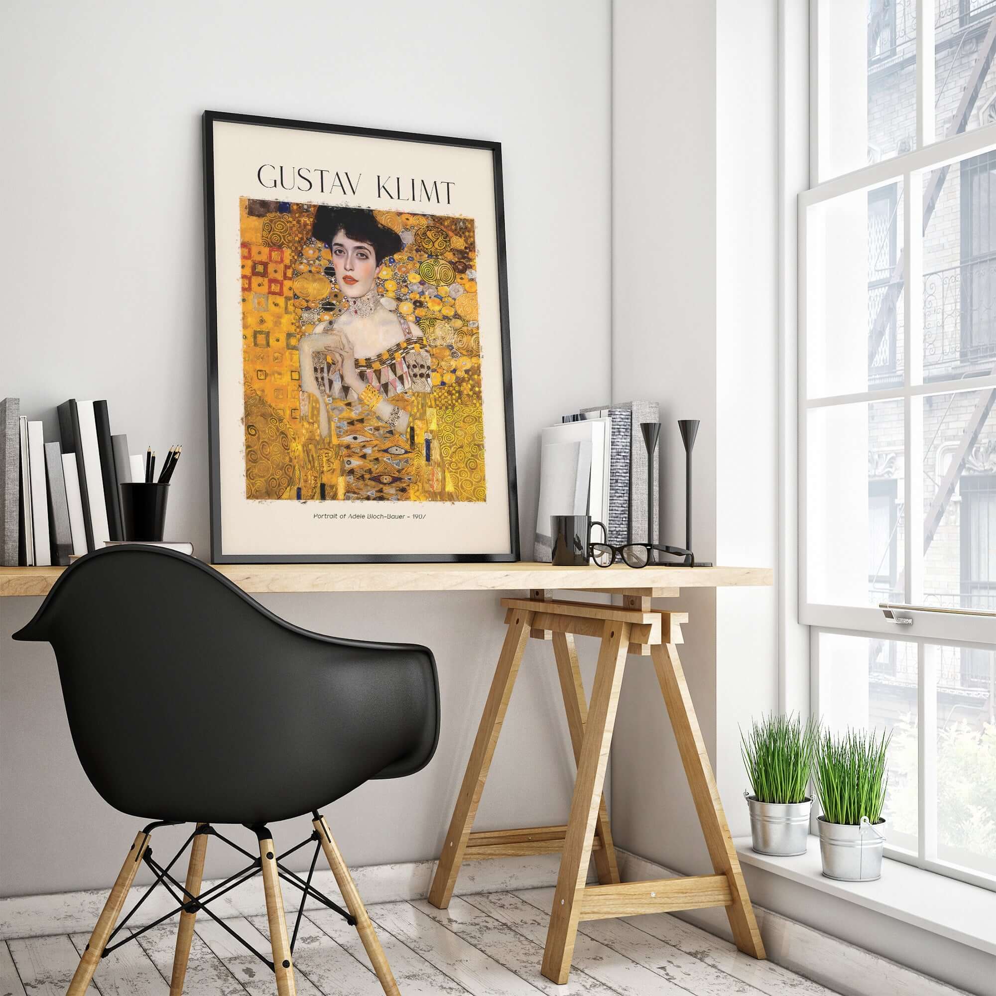 Gustav Klimt Art Print - Portrait of Adele Bloch-Bauer I Poster 1907 displayed in a modern workspace setting.