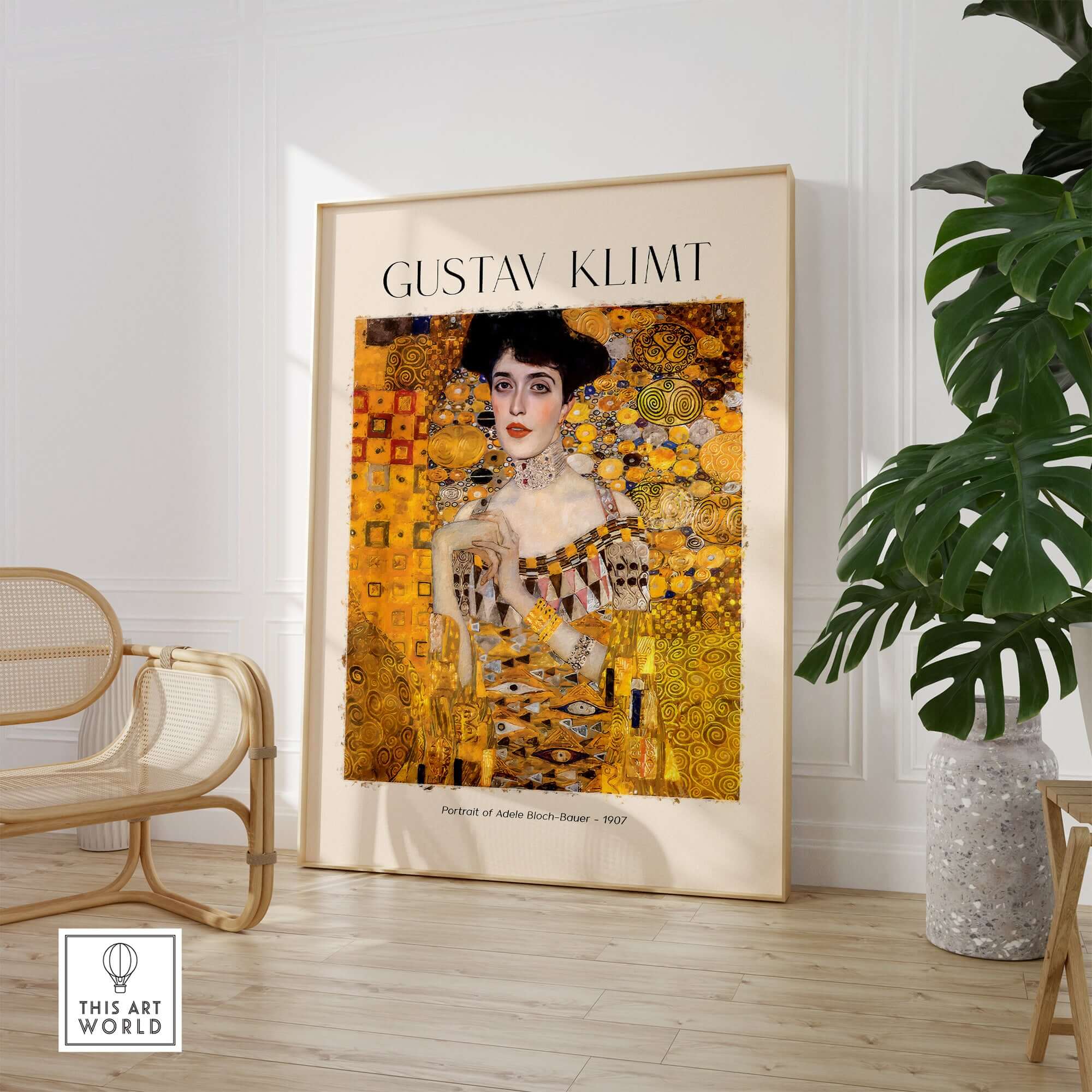 Gustav Klimt Art Print - Portrait of Adele Bloch-Bauer I Poster 1907 displayed in a modern interior setting.