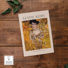 Gustav Klimt Art Print - Portrait of Adele Bloch-Bauer I Poster 1907 displayed on wood background.