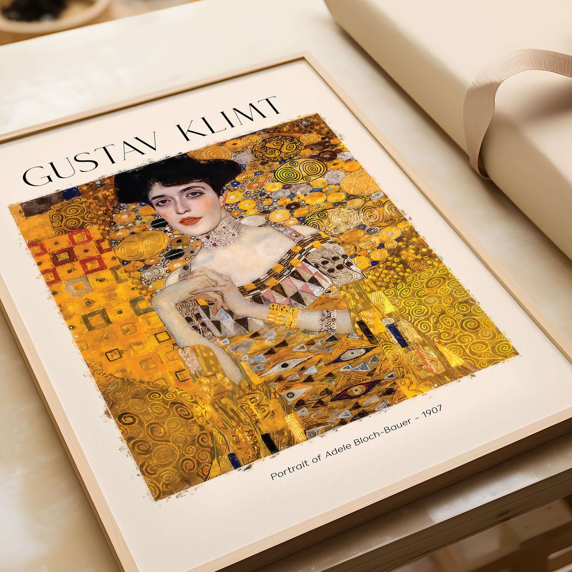 Gustav Klimt Art Print - Portrait of Adele Bloch-Bauer I Poster 1907 displayed in a stylish frame.