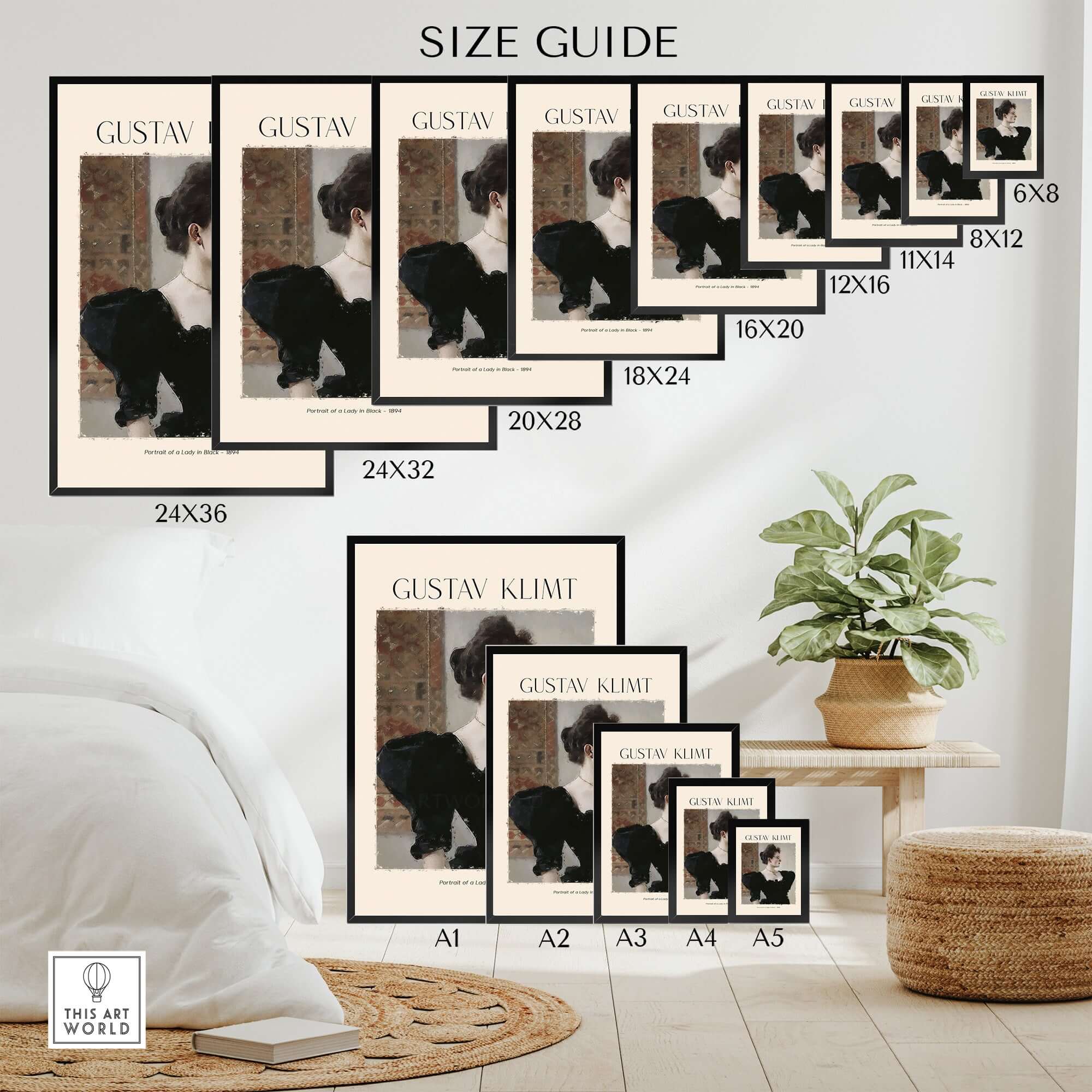 Size guide for Gustav Klimt Art Print - Portrait of a Lady in Black 1894 in various dimensions.