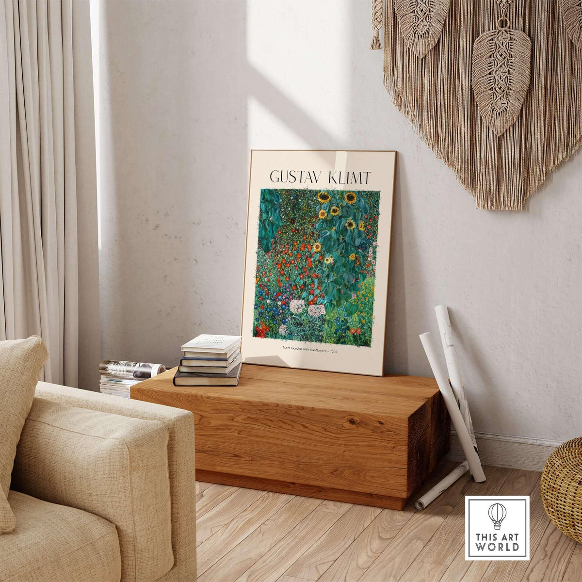 Gustav Klimt Art Print - Farm Garden with Sunflowers 1907 - Art Nouveau Landscape Poster Wall Decor displayed in a stylish interior.