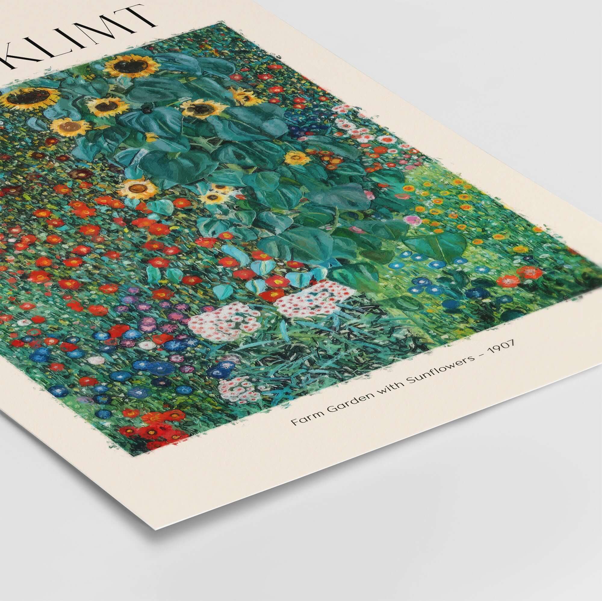 Gustav Klimt Art Print - Farm Garden with Sunflowers 1907 - Art Nouveau Landscape Poster Wall Decor showcasing vibrant flowers.
