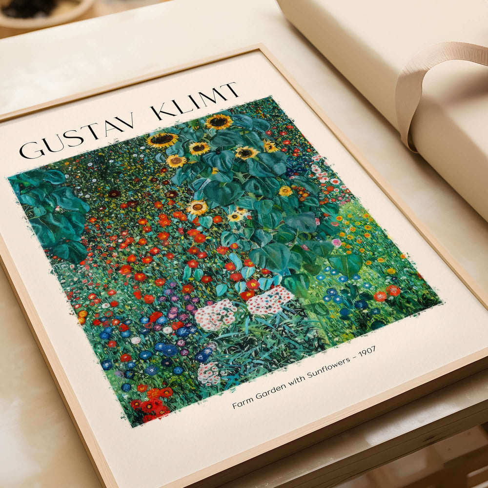 Gustav Klimt Art Print - Farm Garden with Sunflowers 1907 - Art Nouveau Landscape Poster Wall Decor displayed in a frame.