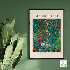 Gustav Klimt Art Print - Farm Garden with Sunflowers 1907 - Art Nouveau Landscape Poster Wall Decor displayed on a green wall.