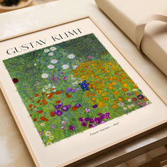 Gustav Klimt Art Print - Flower Garden Poster 1907 showcasing vibrant colors and diverse flowers in a decorative design.