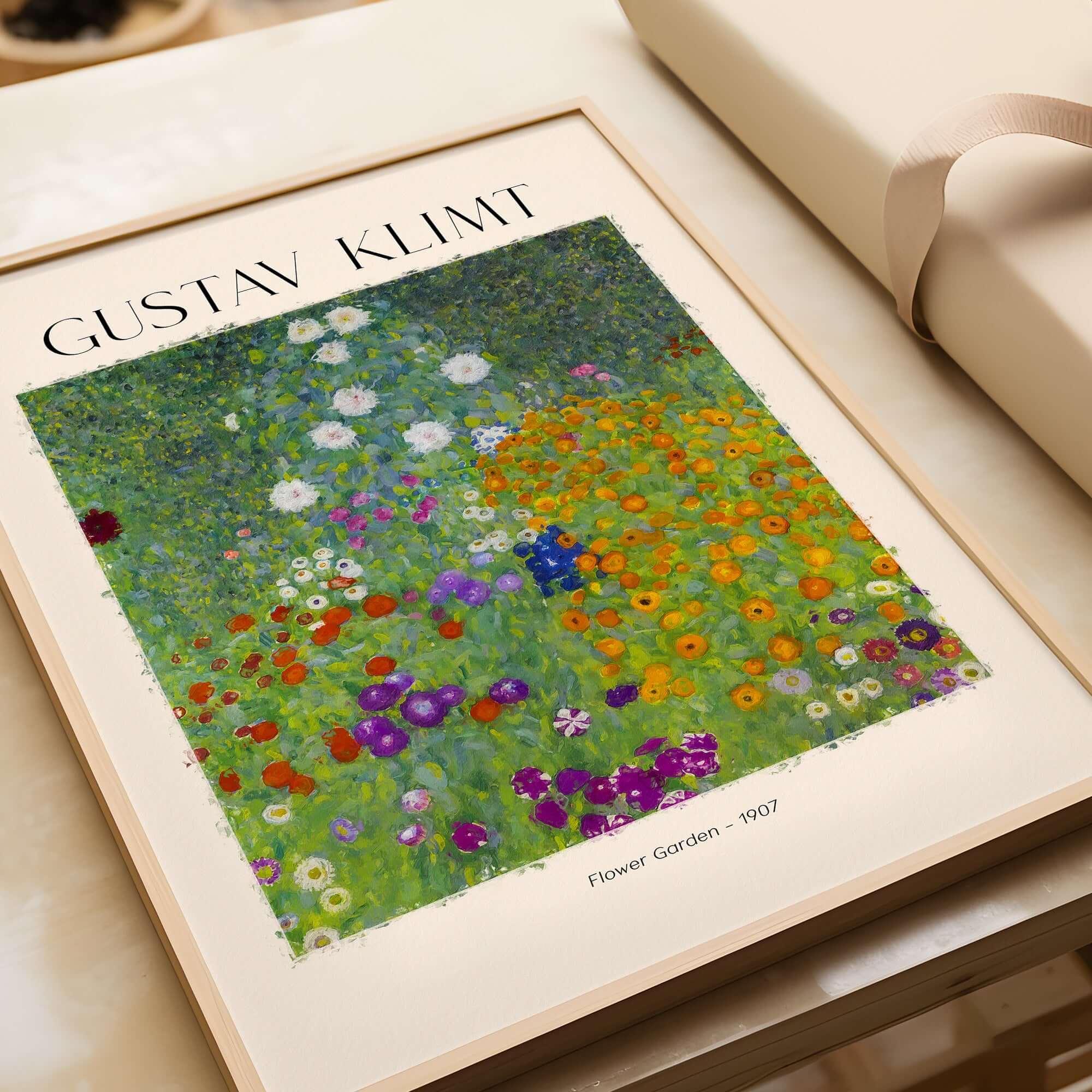 Gustav Klimt Art Print - Flower Garden Poster 1907 showcasing vibrant colors and diverse flowers in a decorative design.