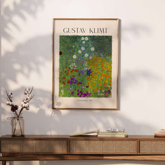Gustav Klimt Art Print - Flower Garden Poster 1907 displayed in a stylish frame on a wall, surrounded by decor.