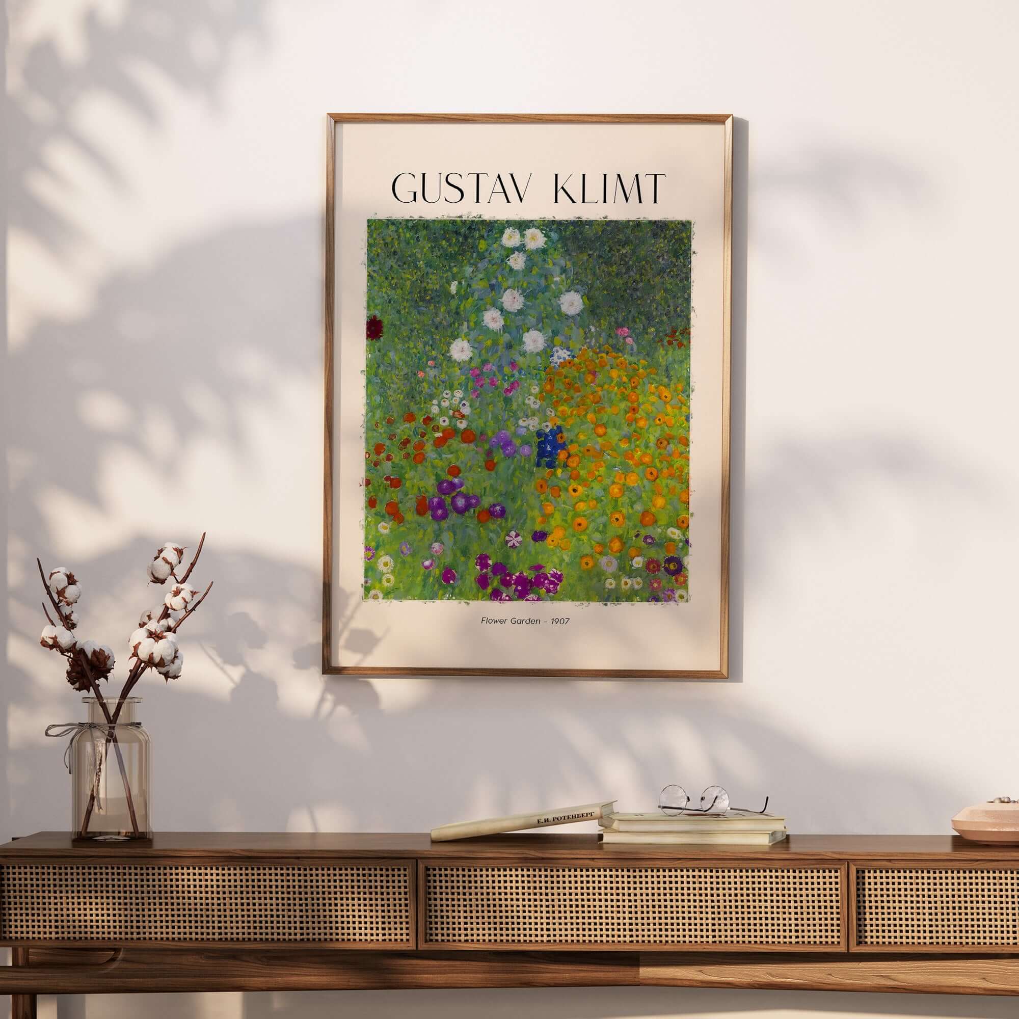 Gustav Klimt Art Print - Flower Garden Poster 1907 displayed in a stylish frame on a wall, surrounded by decor.