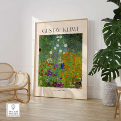 Gustav Klimt Art Print - Flower Garden Poster 1907 displayed in a modern living room with greenery.