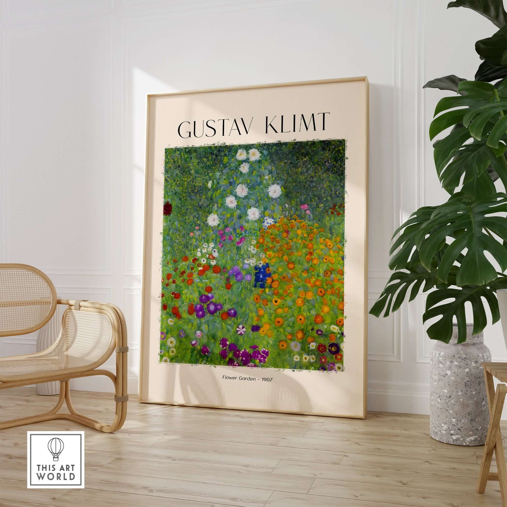 Gustav Klimt Art Print - Flower Garden Poster 1907 displayed in a modern living room with greenery.