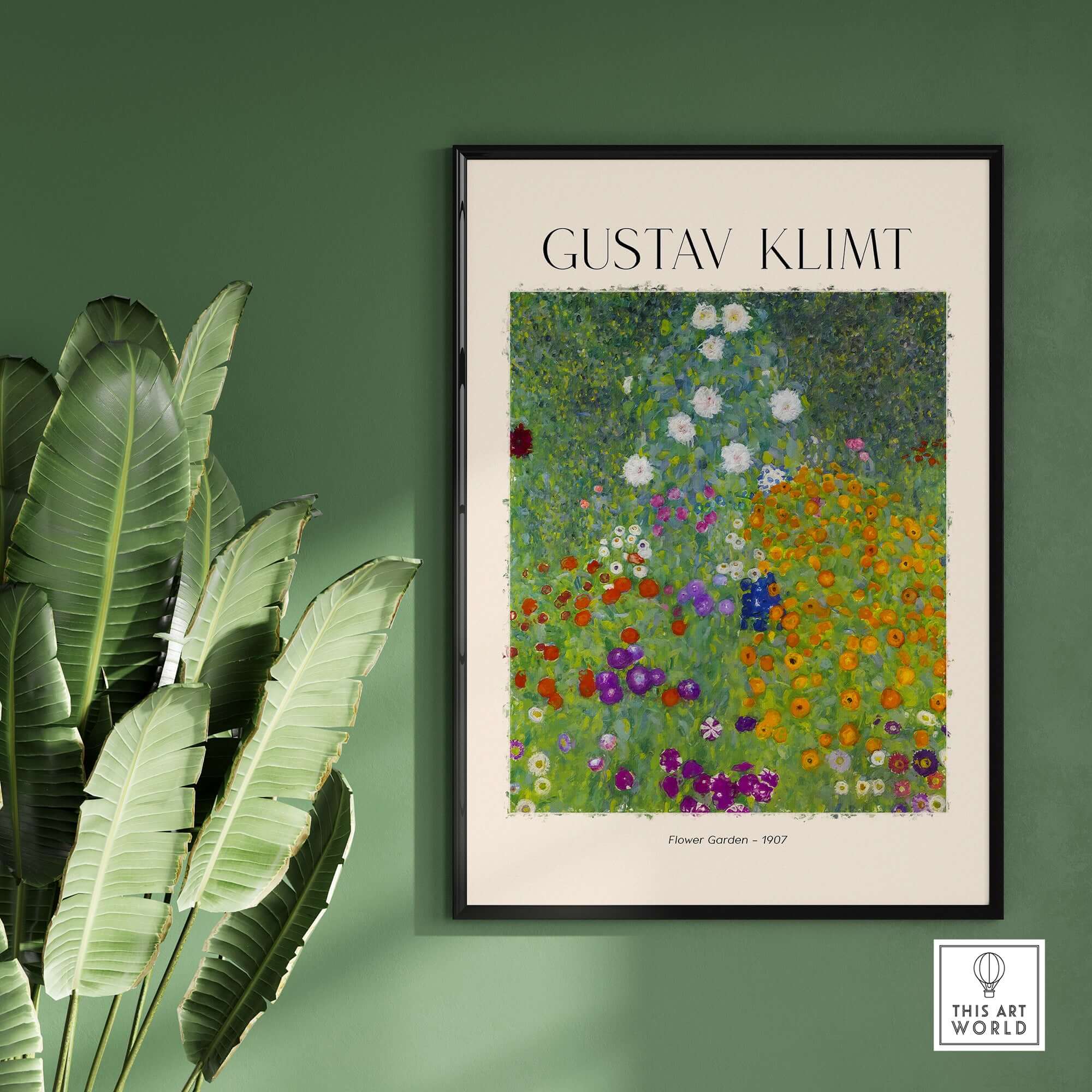 Gustav Klimt Art Print - Flower Garden Poster 1907 framed on a green wall with surrounding foliage.