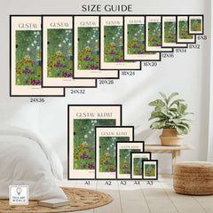 Gustav Klimt Art Print - Flower Garden Poster 1907 size guide displaying various frame dimensions