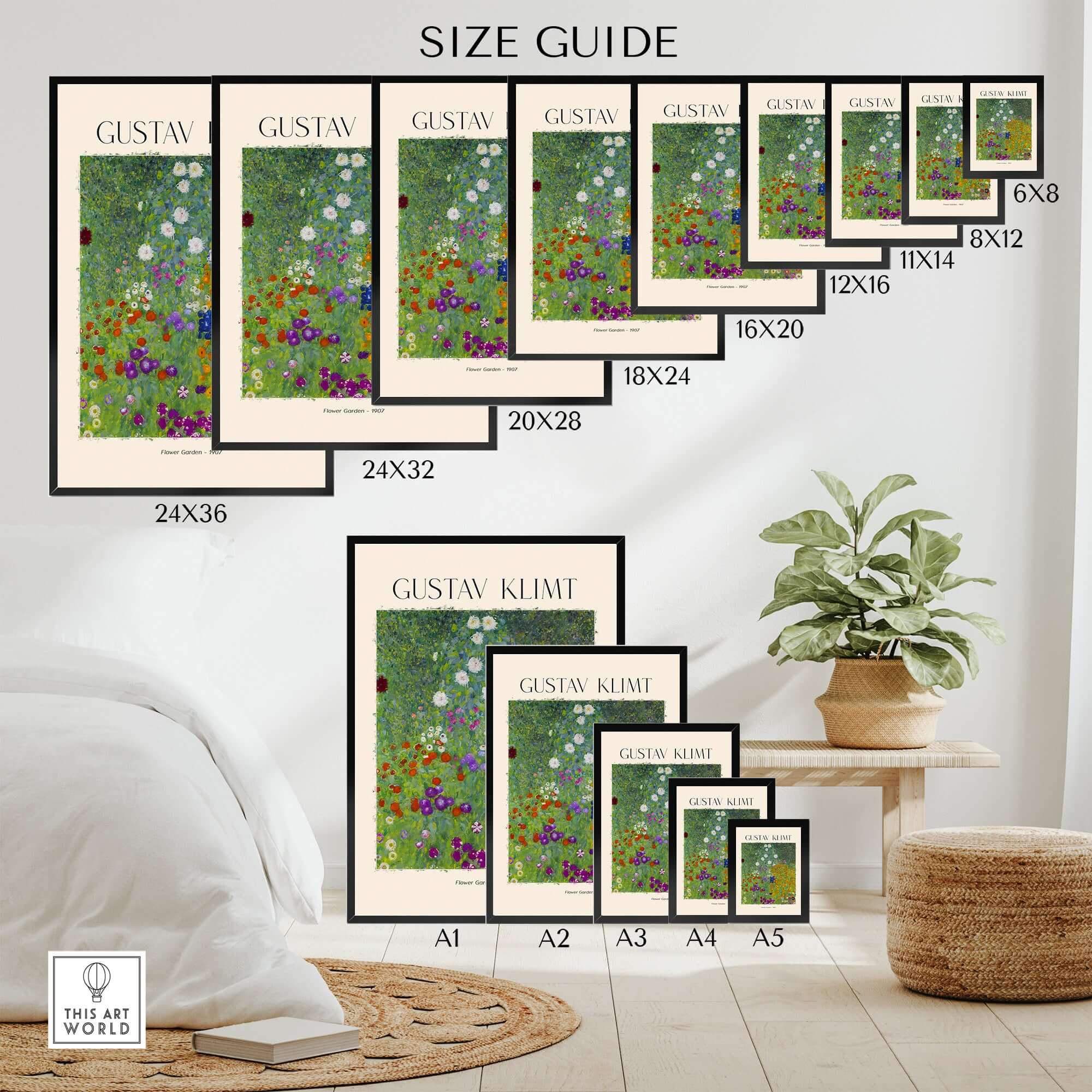Gustav Klimt Art Print - Flower Garden Poster 1907 size guide displaying various frame dimensions