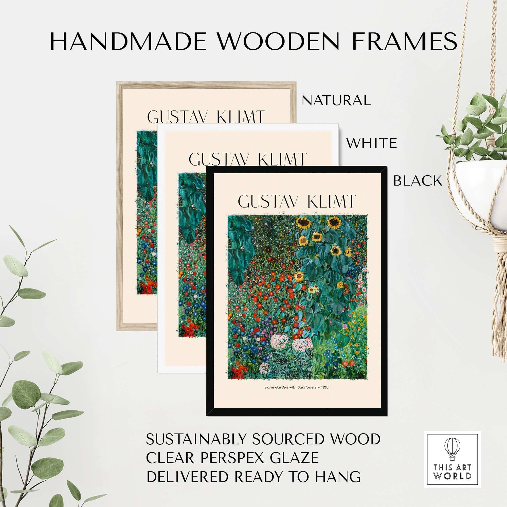 Handmade wooden frames in natural, white, and black for Gustav Klimt Art Print - Farm Garden with Sunflowers 1907 - Art Nouveau Landscape Poster Wall Decor.