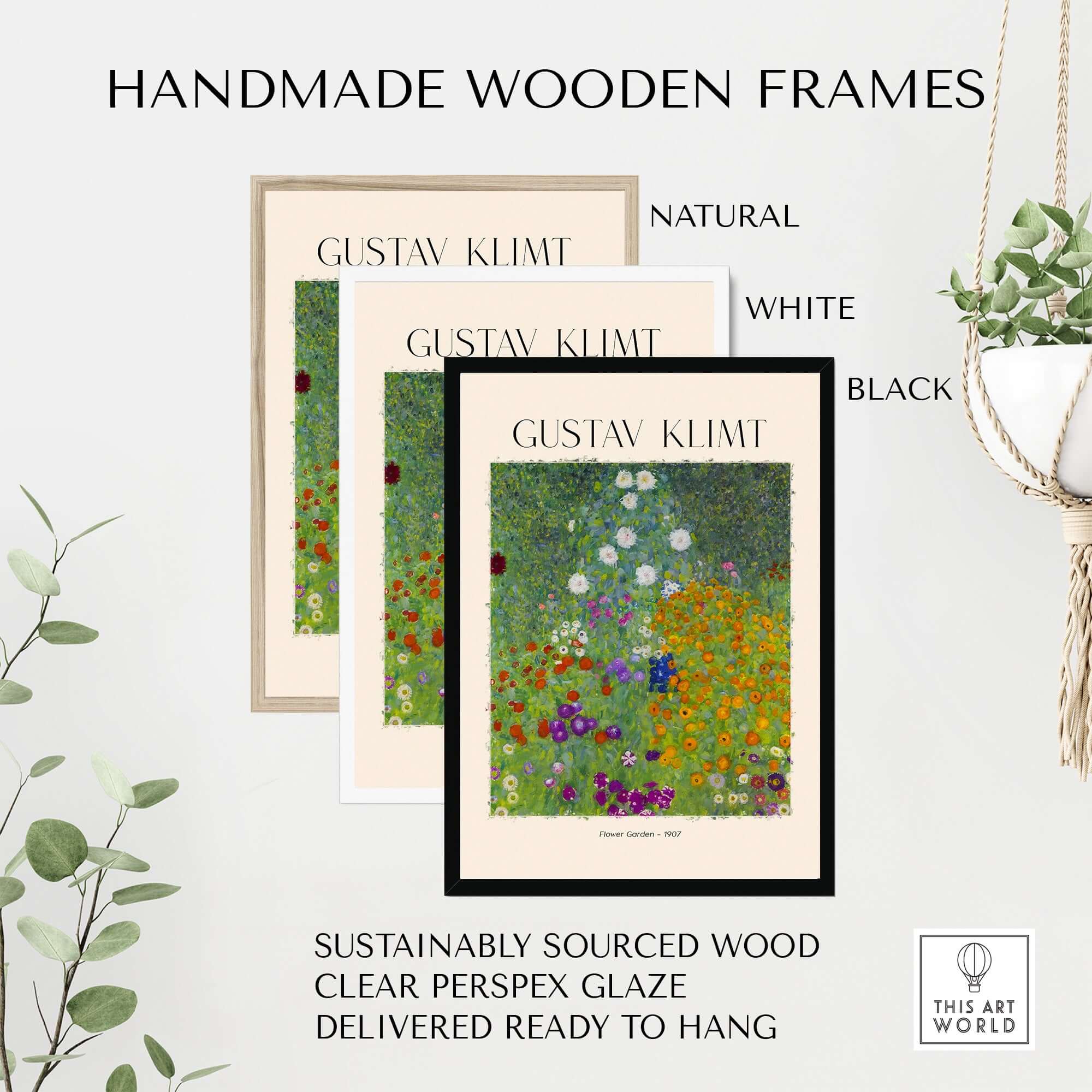 Gustav Klimt Art Print - Flower Garden Poster 1907 displayed in handmade wooden frames in natural, white, and black colors.