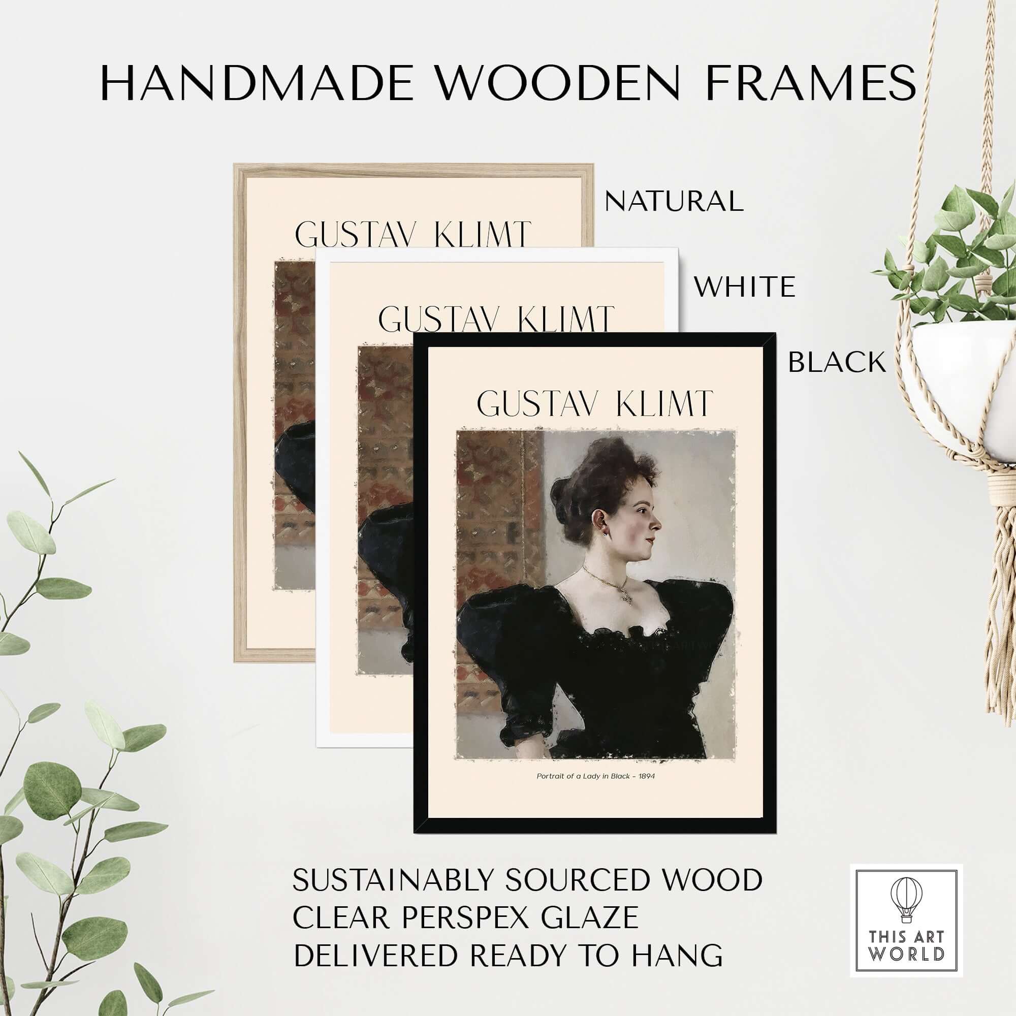 Gustav Klimt Art Print - Portrait of a Lady in Black 1894 framed in handmade wooden frames in natural, white, and black.