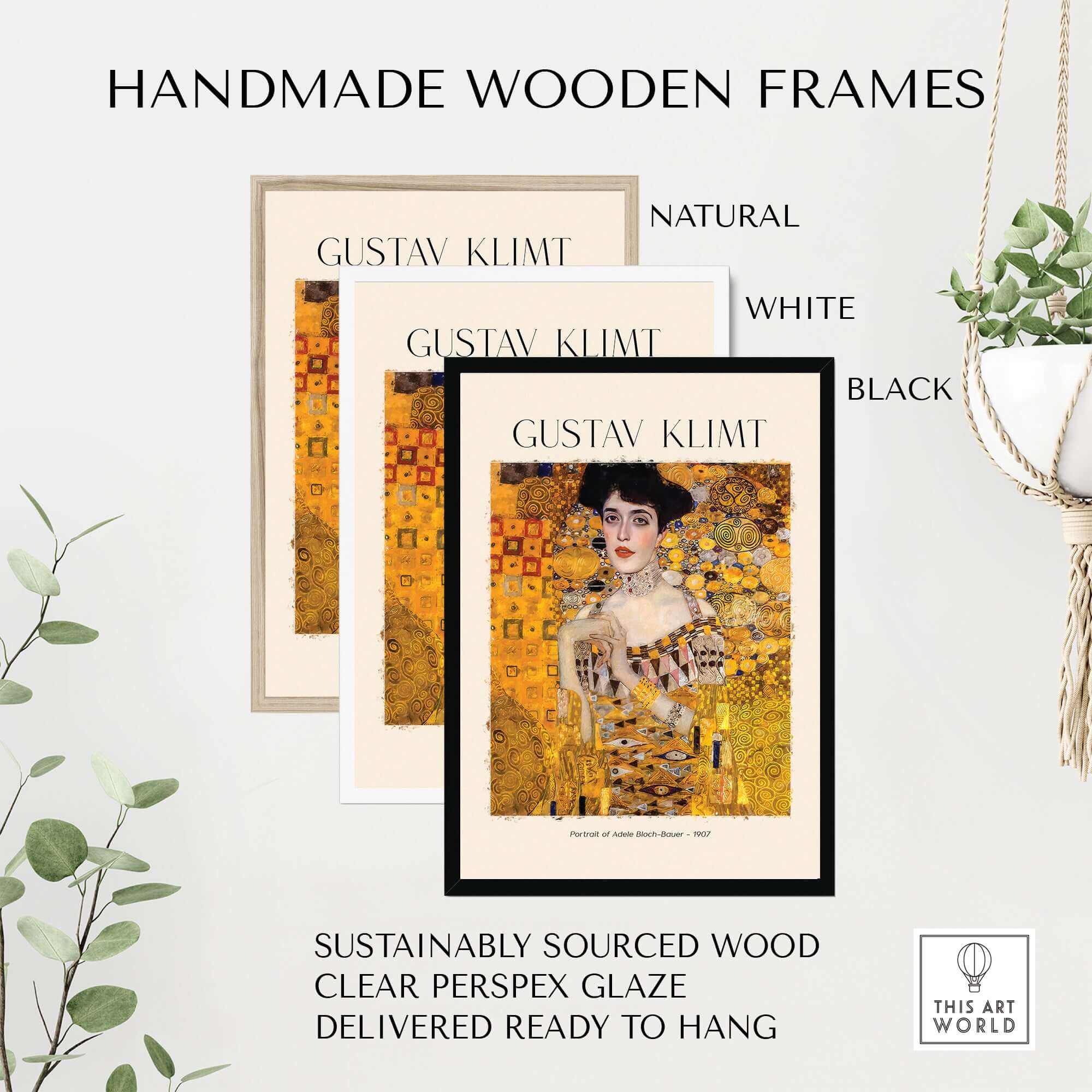 Gustav Klimt Art Print - Portrait of Adele Bloch-Bauer I Poster 1907 displayed with handmade wooden frames.