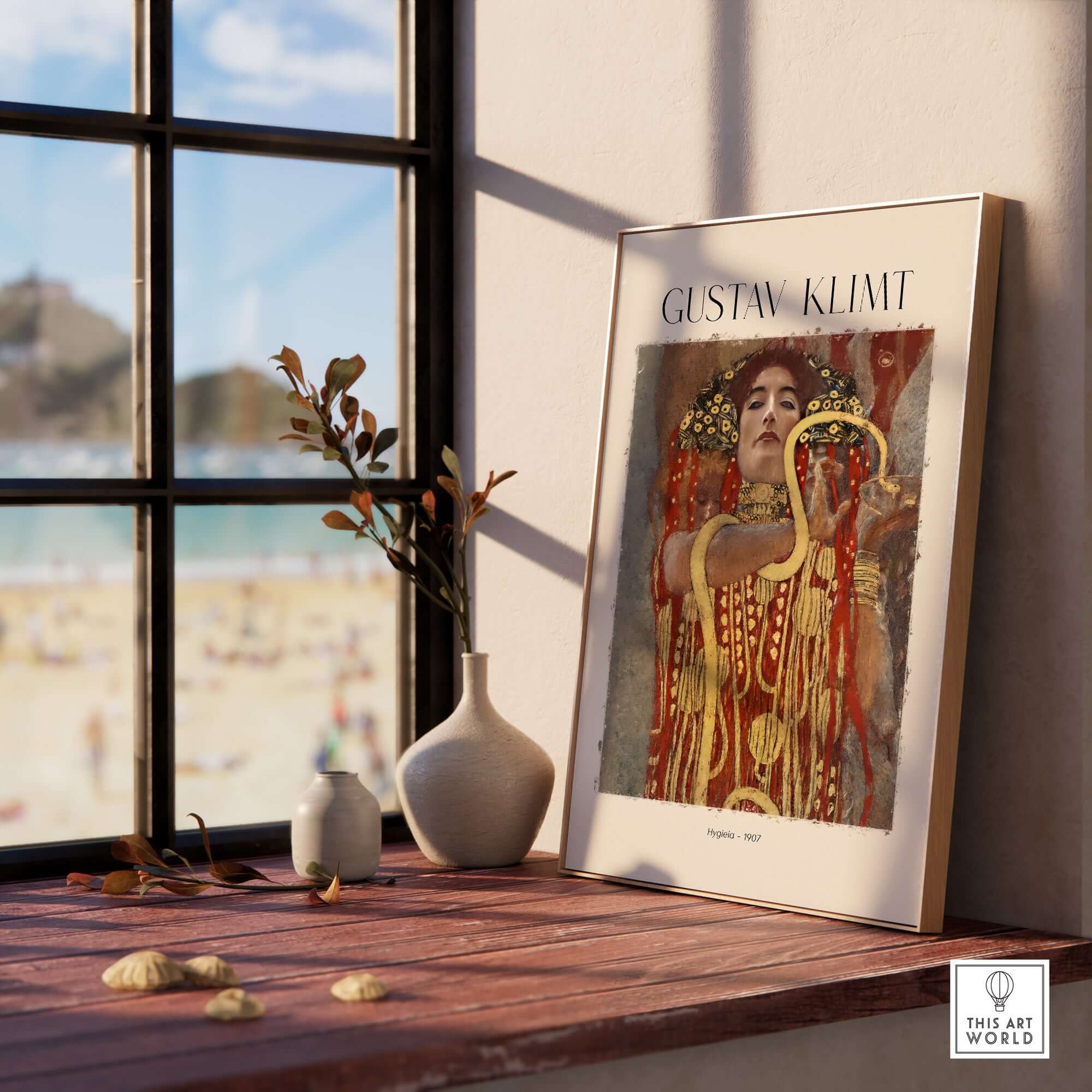 Gustav Klimt Art Print - Hygieia 1907 - Golden Phase Wall Art displayed near a window with beach view.