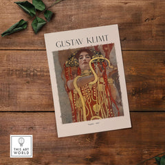 Gustav Klimt Art Print - Hygieia 1907 - Golden Phase Wall Art on wooden table with leaves