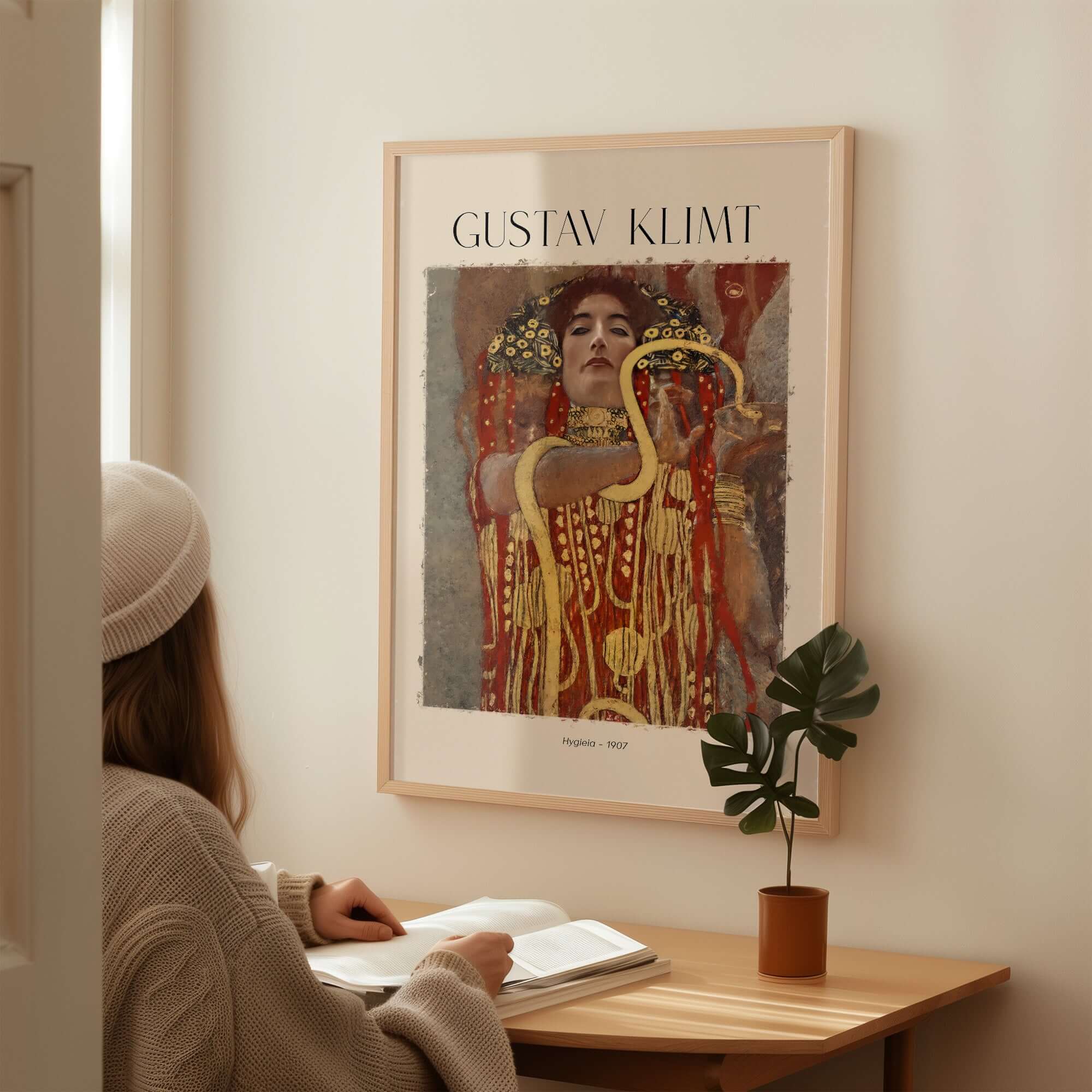 Gustav Klimt Art Print - Hygieia 1907 - Golden Phase Wall Art displayed in a cozy room setting.
