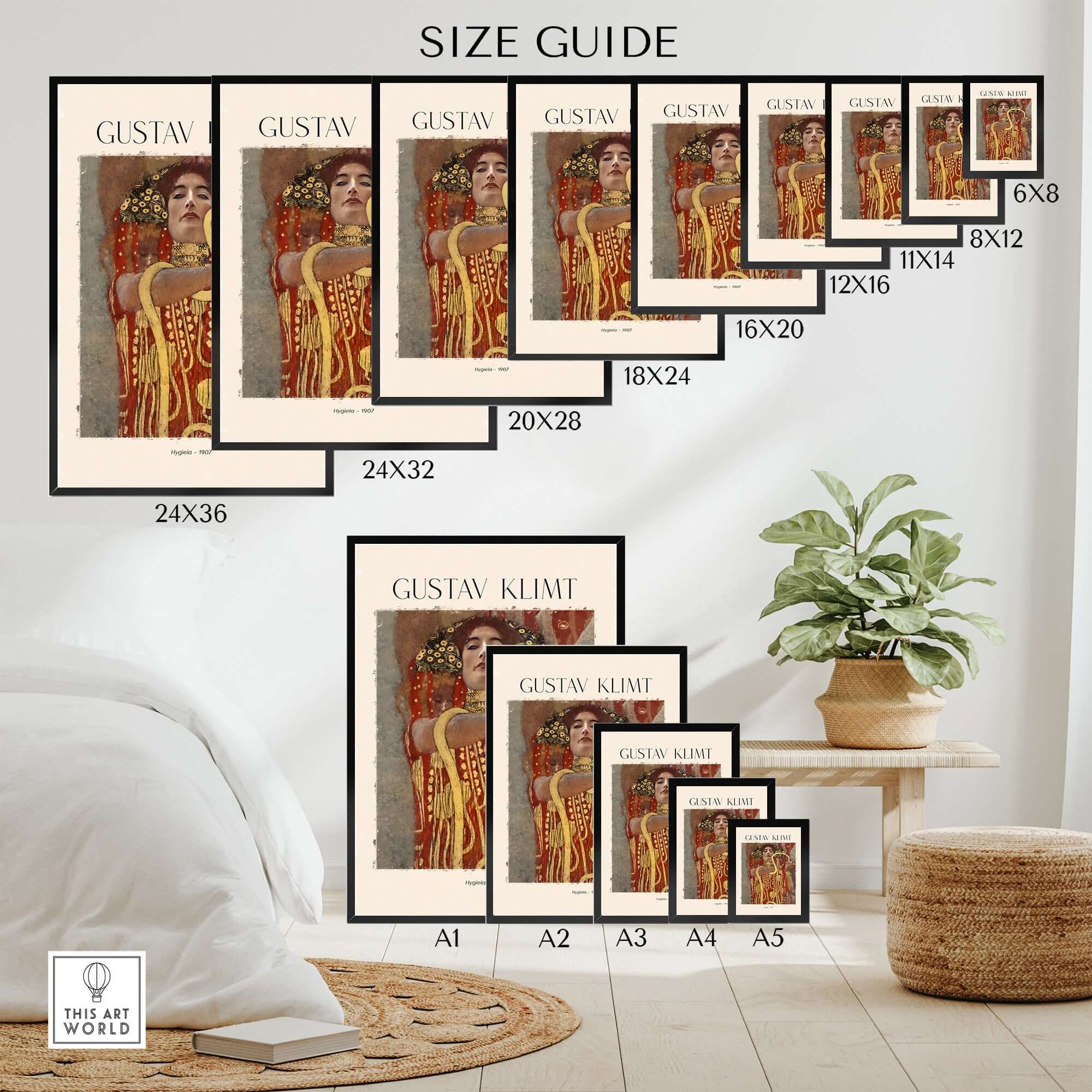 Gustav Klimt Art Print - Hygieia 1907 - Golden Phase Wall Art size guide on display with various frame sizes.