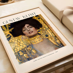 Gustav Klimt Art Print - Judith and Holofernes Art Print 1901 - Golden Phase Wall Decor Poster on display.