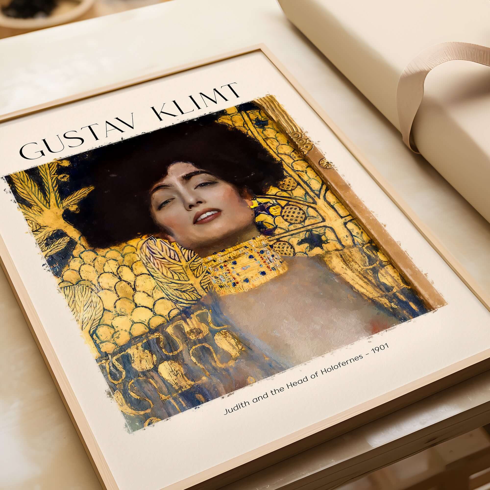 Gustav Klimt Art Print - Judith and Holofernes Art Print 1901 - Golden Phase Wall Decor Poster on display.