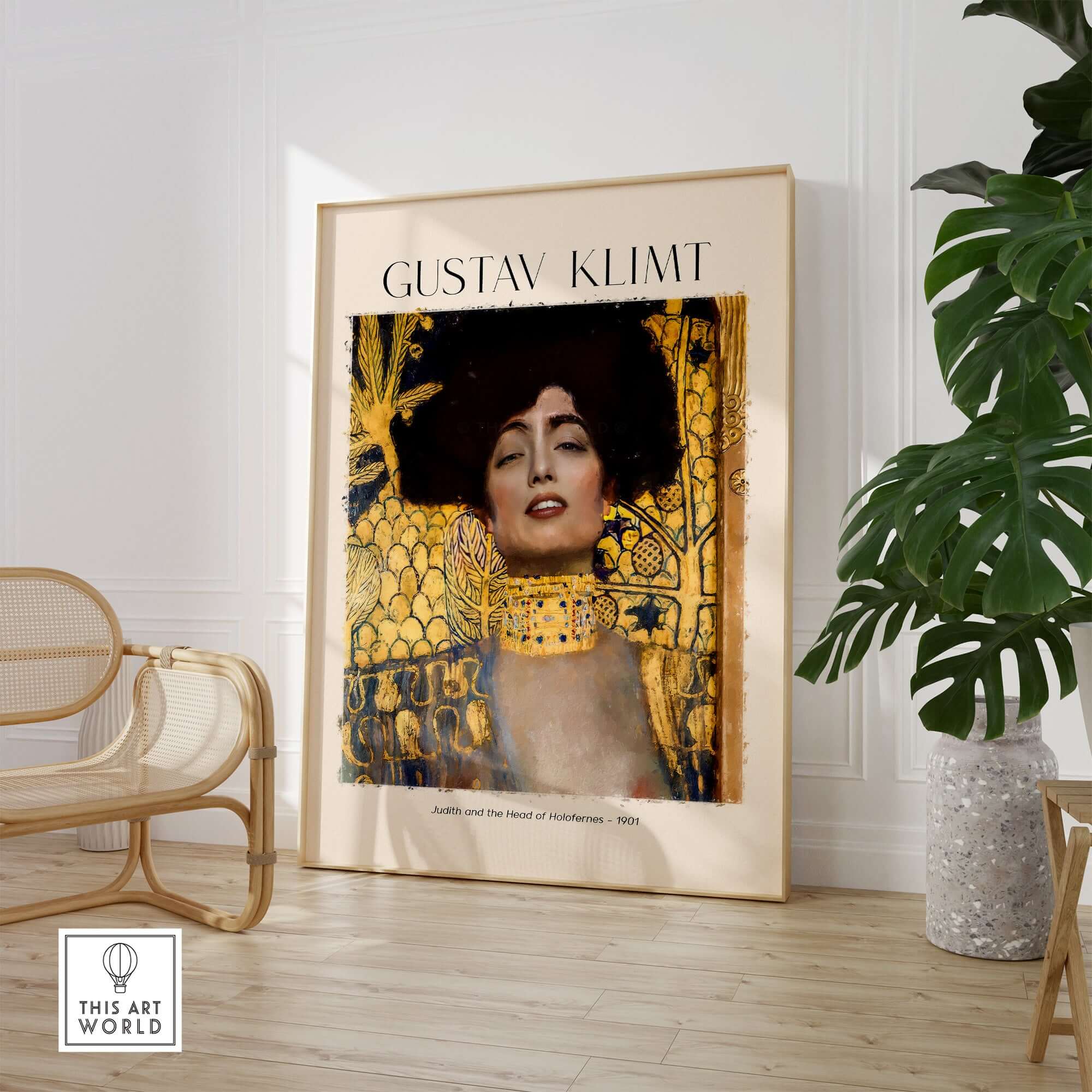 Gustav Klimt Art Print - Judith and Holofernes Art Print 1901 - Golden Phase Wall Decor Poster displayed in a modern interior.