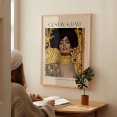 Gustav Klimt Art Print - Judith and Holofernes Art Print 1901 - Golden Phase Wall Decor Poster displayed in a cozy room.