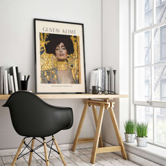 Gustav Klimt Art Print - Judith and Holofernes Art Print 1901 - Golden Phase Wall Decor Poster displayed in modern workspace.