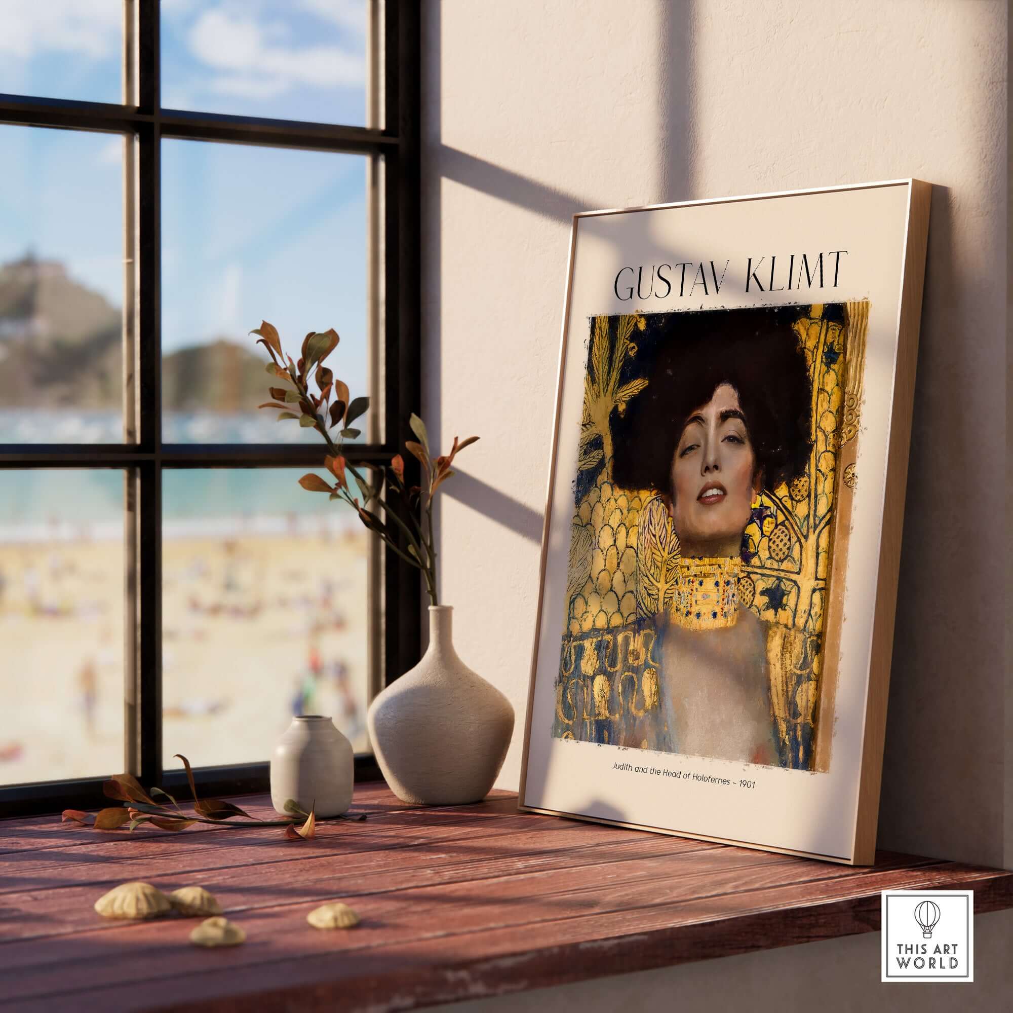 Gustav Klimt Art Print - Judith and Holofernes Art Print 1901 - Golden Phase Wall Decor Poster displayed on a windowsill.