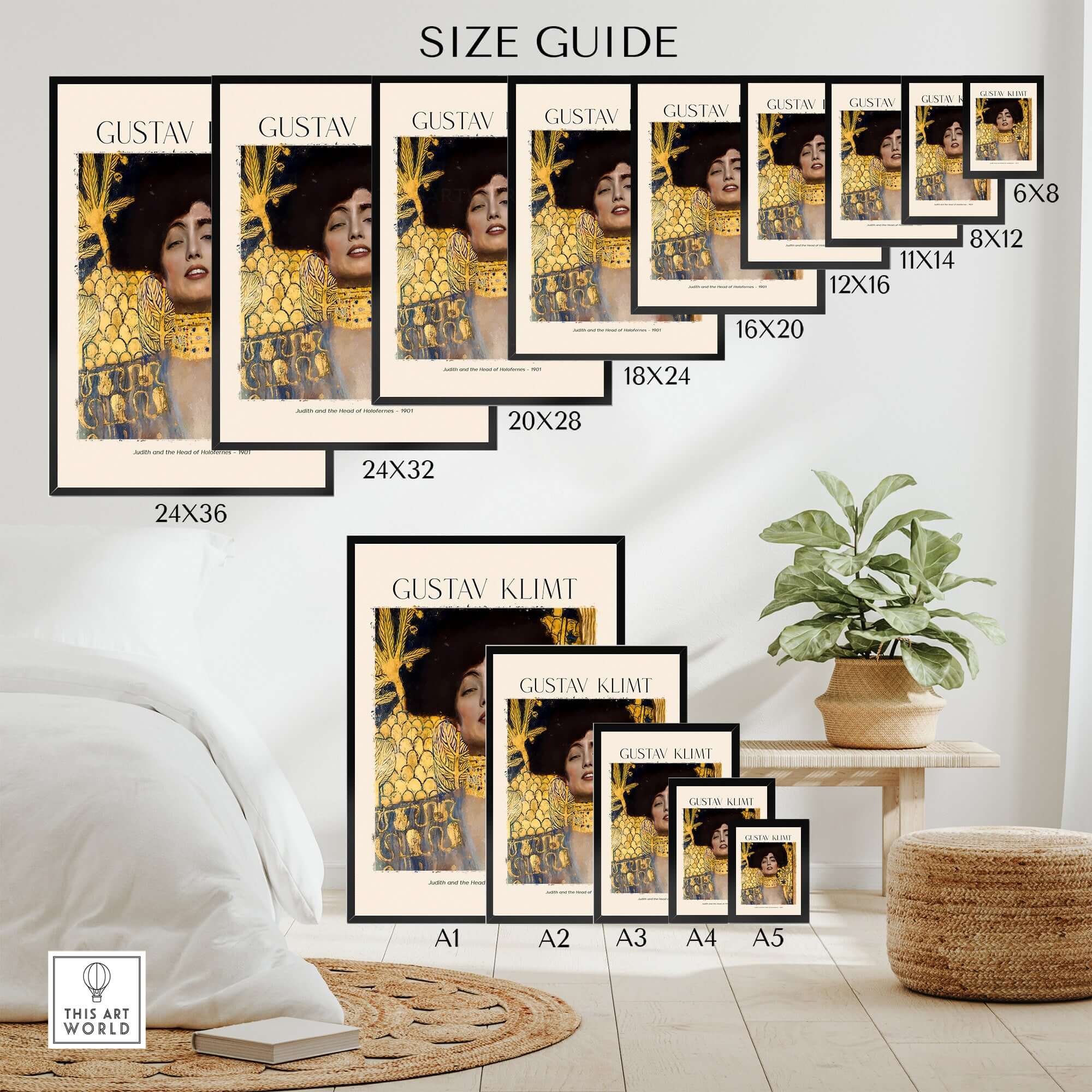 Gustav Klimt Art Print - Judith and Holofernes Art Print 1901 - Golden Phase Wall Decor Poster size guide